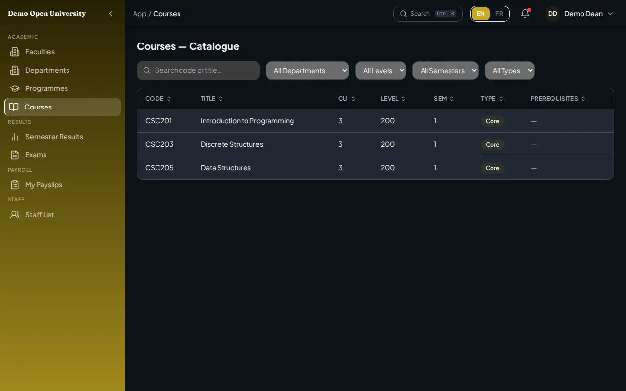 The course catalogue